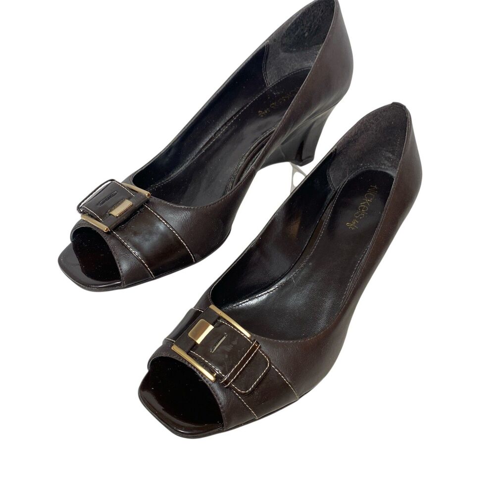 NICHOLS Patent Leather Open-Toe Wedge Heels Choc Brown Y2K 10M WORN ONCE!